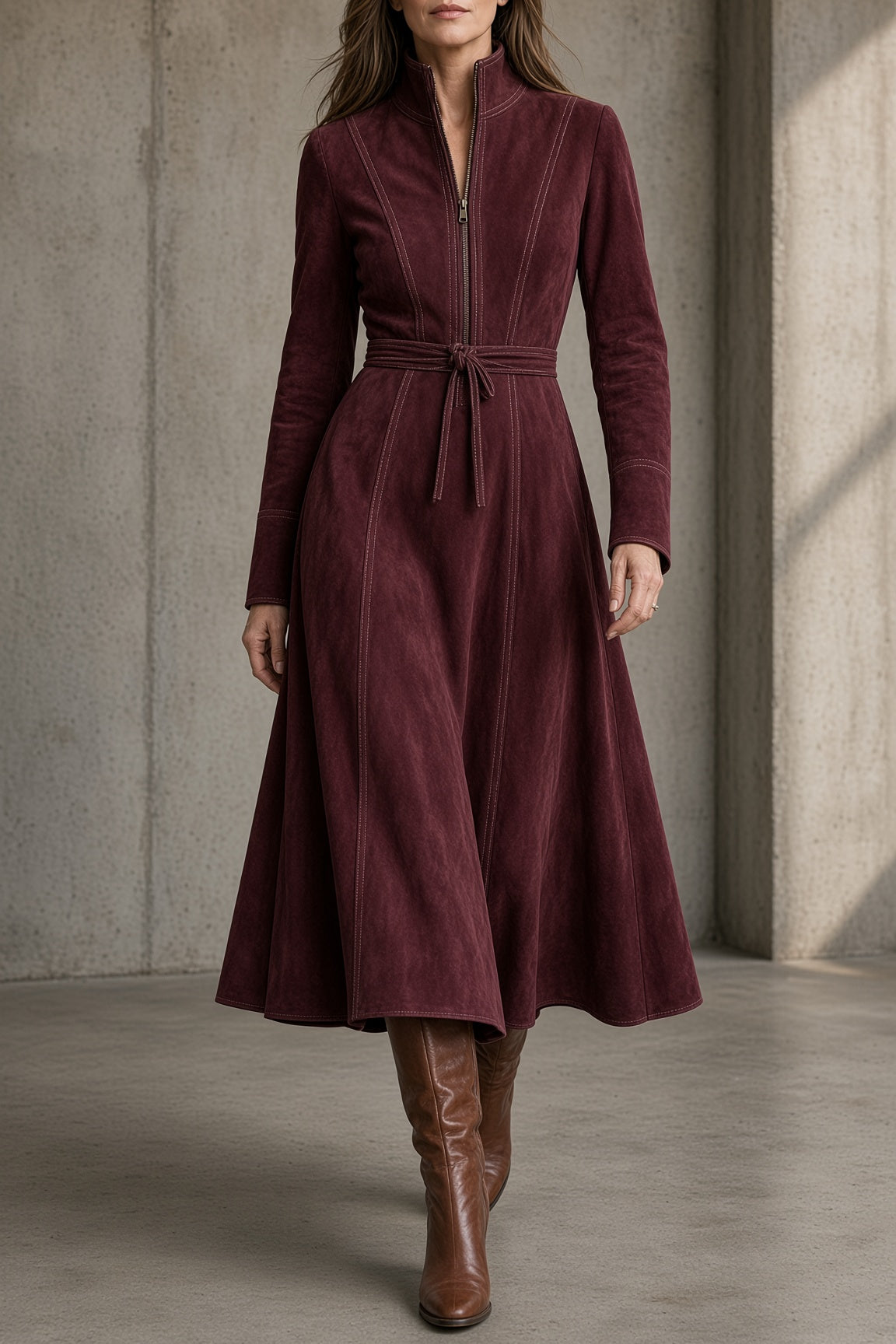 EDVIGE | Abito Midi Vintage con Collo Alto, Cintura e Cuciture a Contrasto