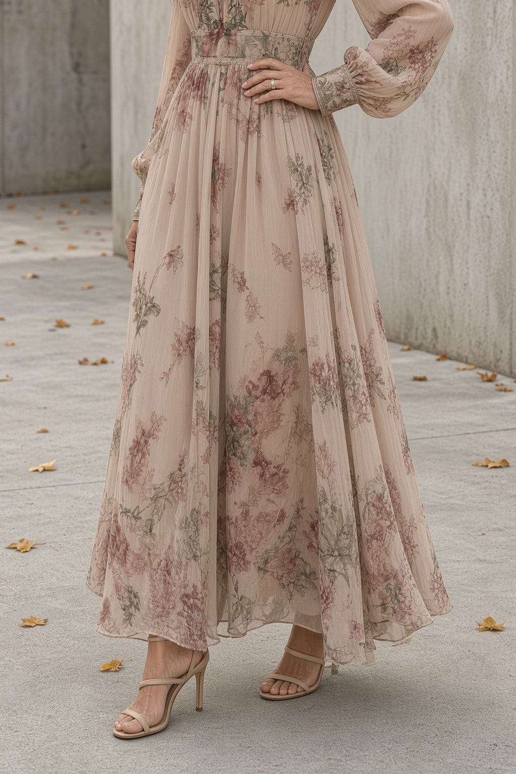 CAMELIA | Abito Lungo a Fiori con Scollo Arricciato e Maniche Lunghe