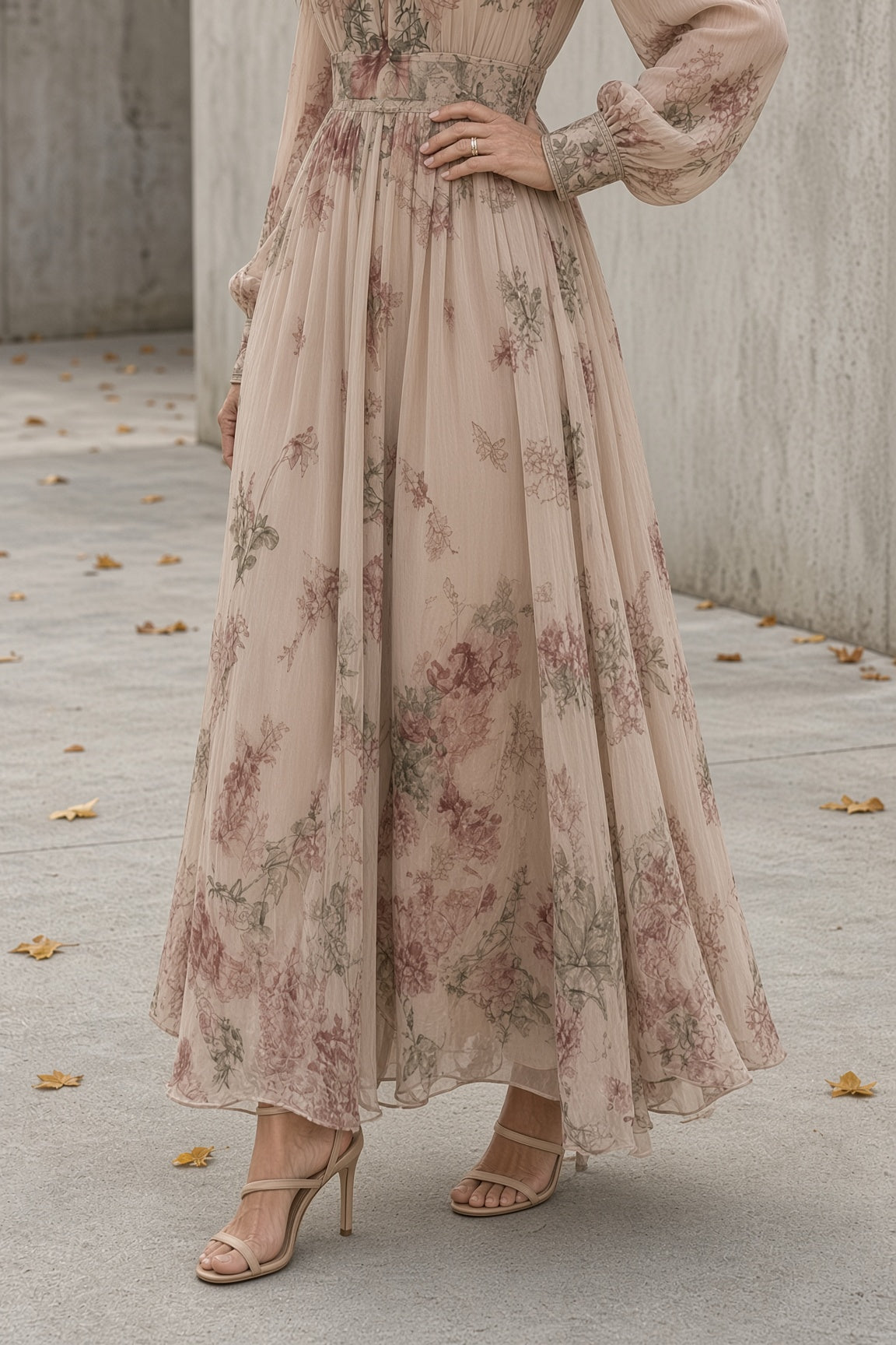 CAMELIA | Abito Lungo a Fiori con Scollo Arricciato e Maniche Lunghe