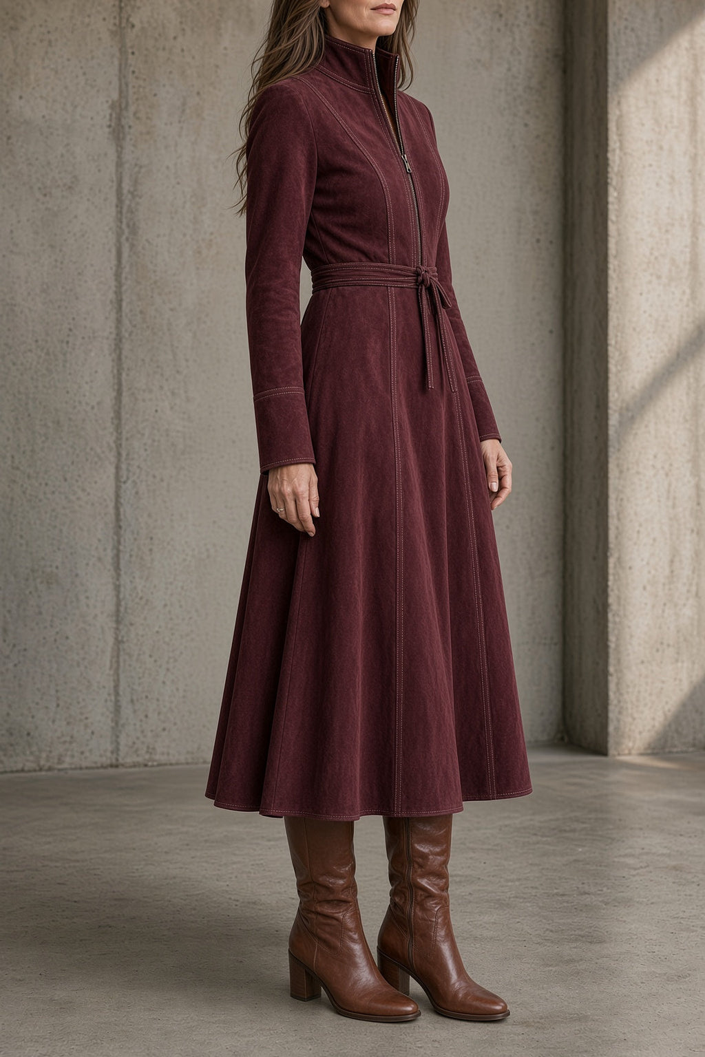 EDVIGE | Abito Midi Vintage con Collo Alto, Cintura e Cuciture a Contrasto
