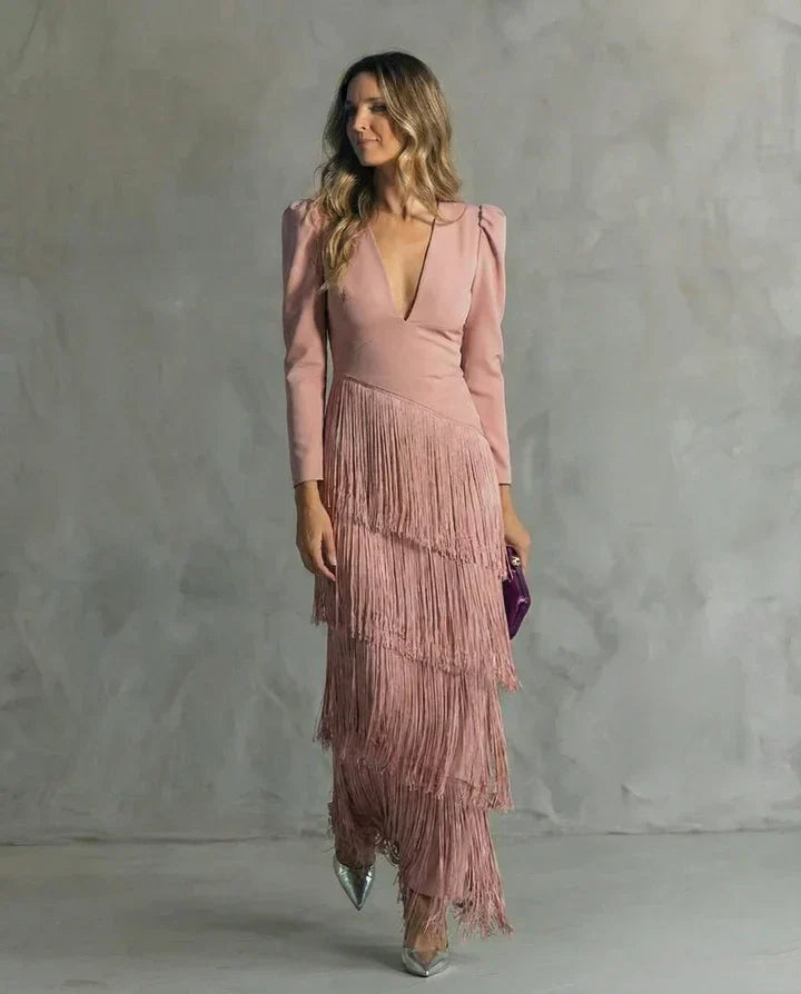 Clara | Vestido midi elegante con mangas de flecos