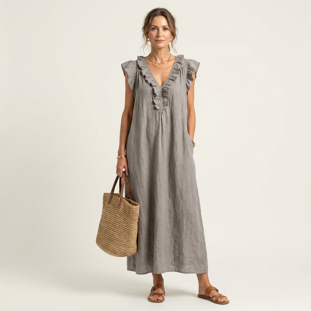 Josefina | Vestido largo con textura de lino con escote en pico y volantes