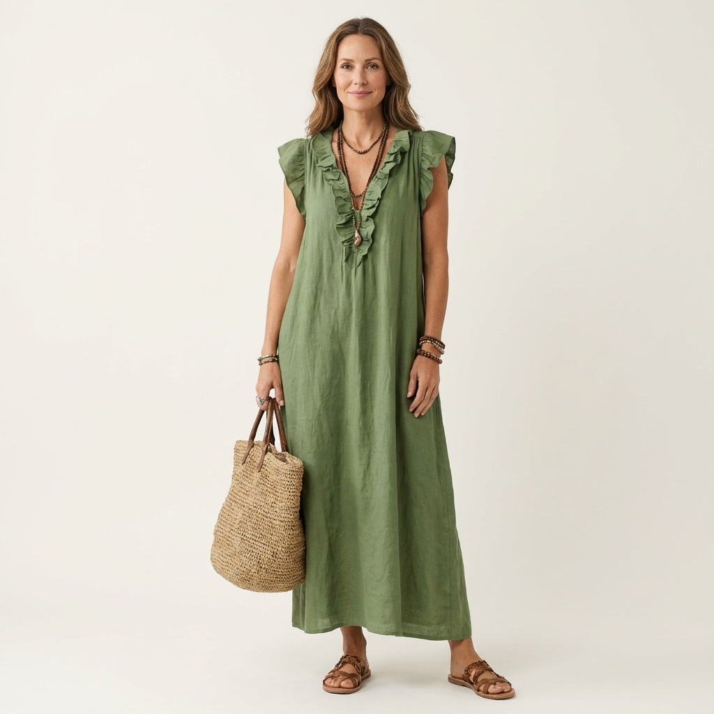 Josefina | Vestido largo con textura de lino con escote en pico y volantes
