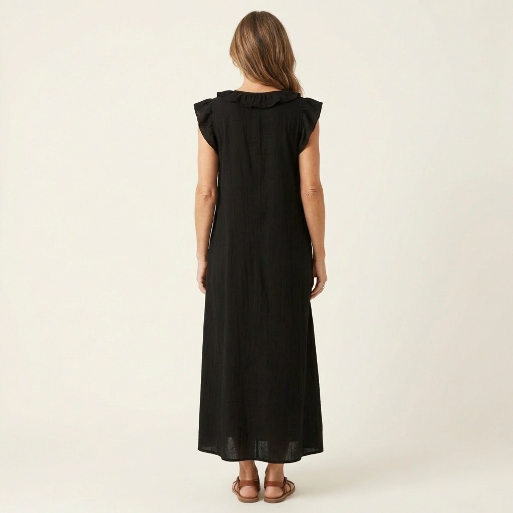 Josefina | Vestido largo con textura de lino con escote en pico y volantes