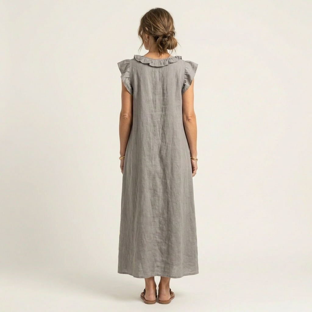 Josefina | Vestido largo con textura de lino con escote en pico y volantes