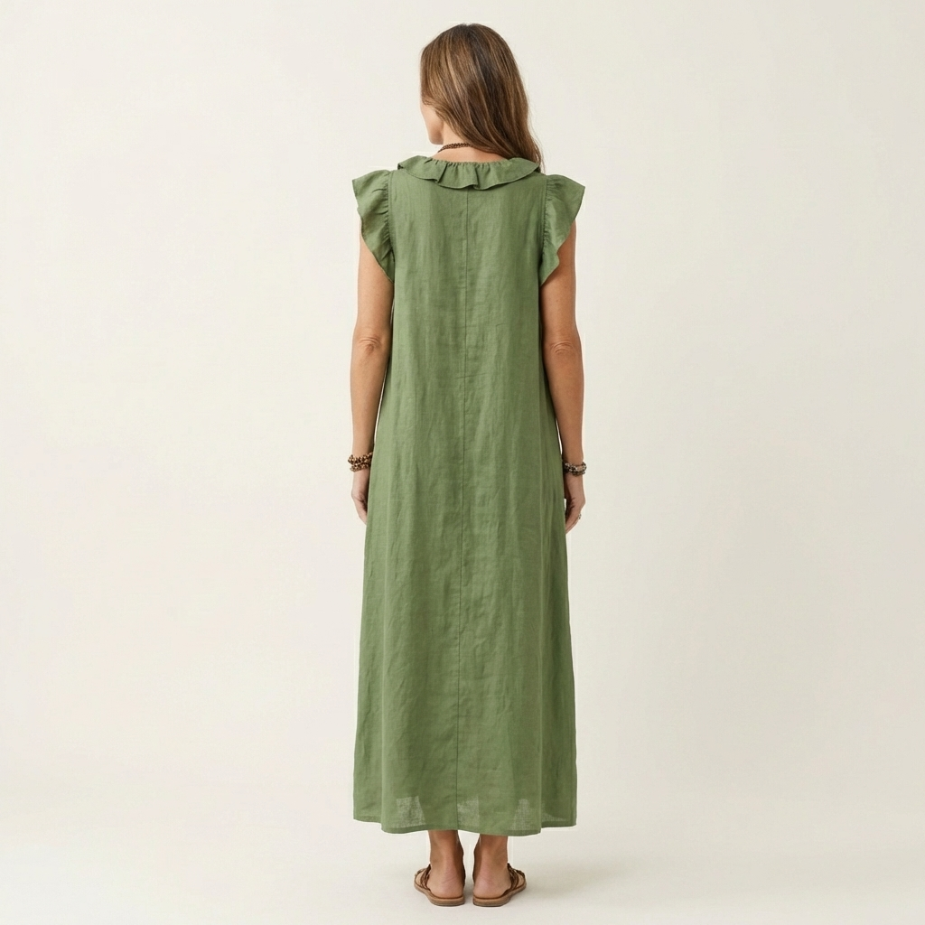 Josefina | Vestido largo con textura de lino con escote en pico y volantes