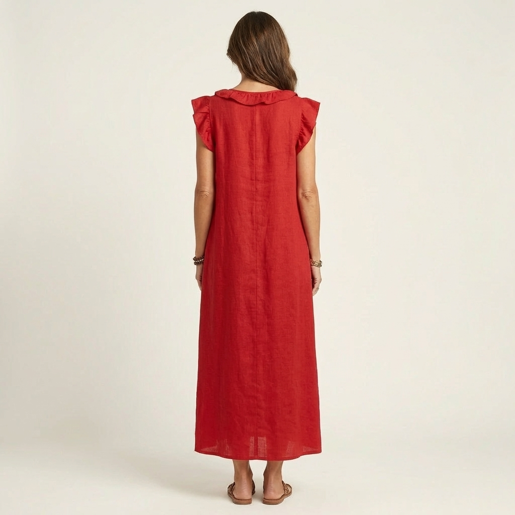 Josefina | Vestido largo con textura de lino con escote en pico y volantes