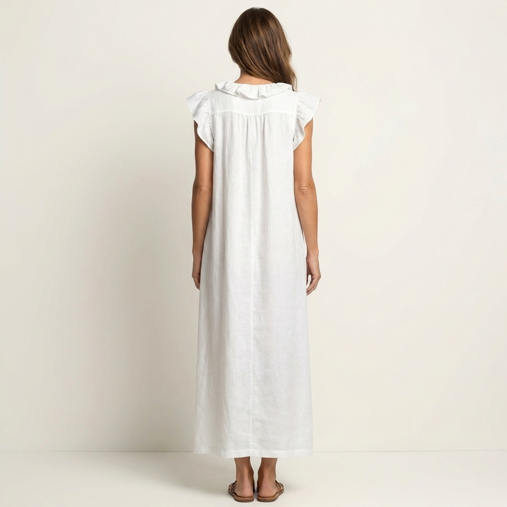 Josefina | Vestido largo con textura de lino con escote en pico y volantes