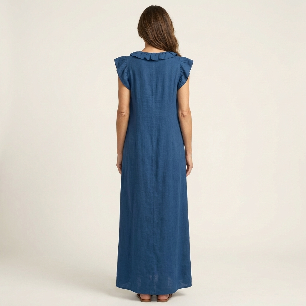 Josefina | Vestido largo con textura de lino con escote en pico y volantes