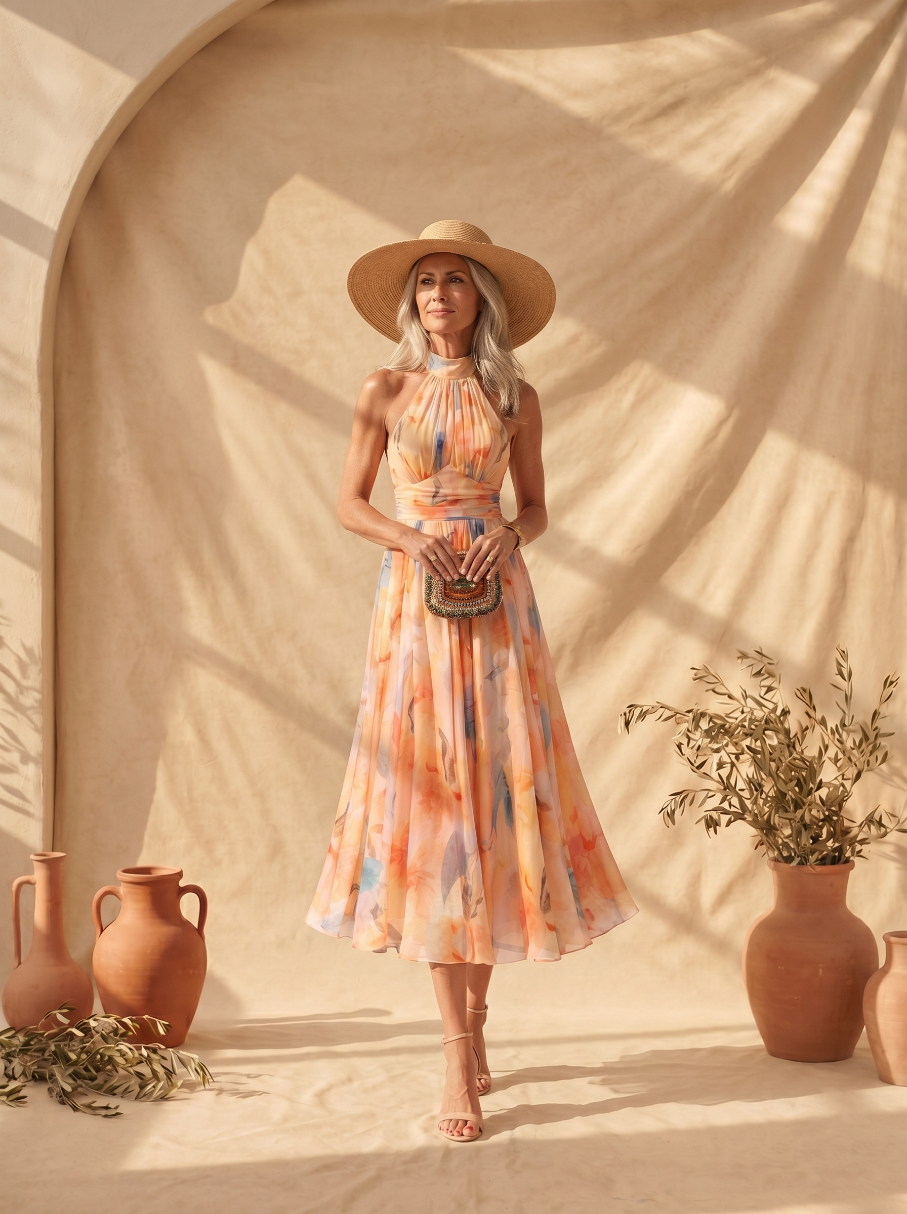 Aurora | Vestido con estampado de acuarela y cuello halter