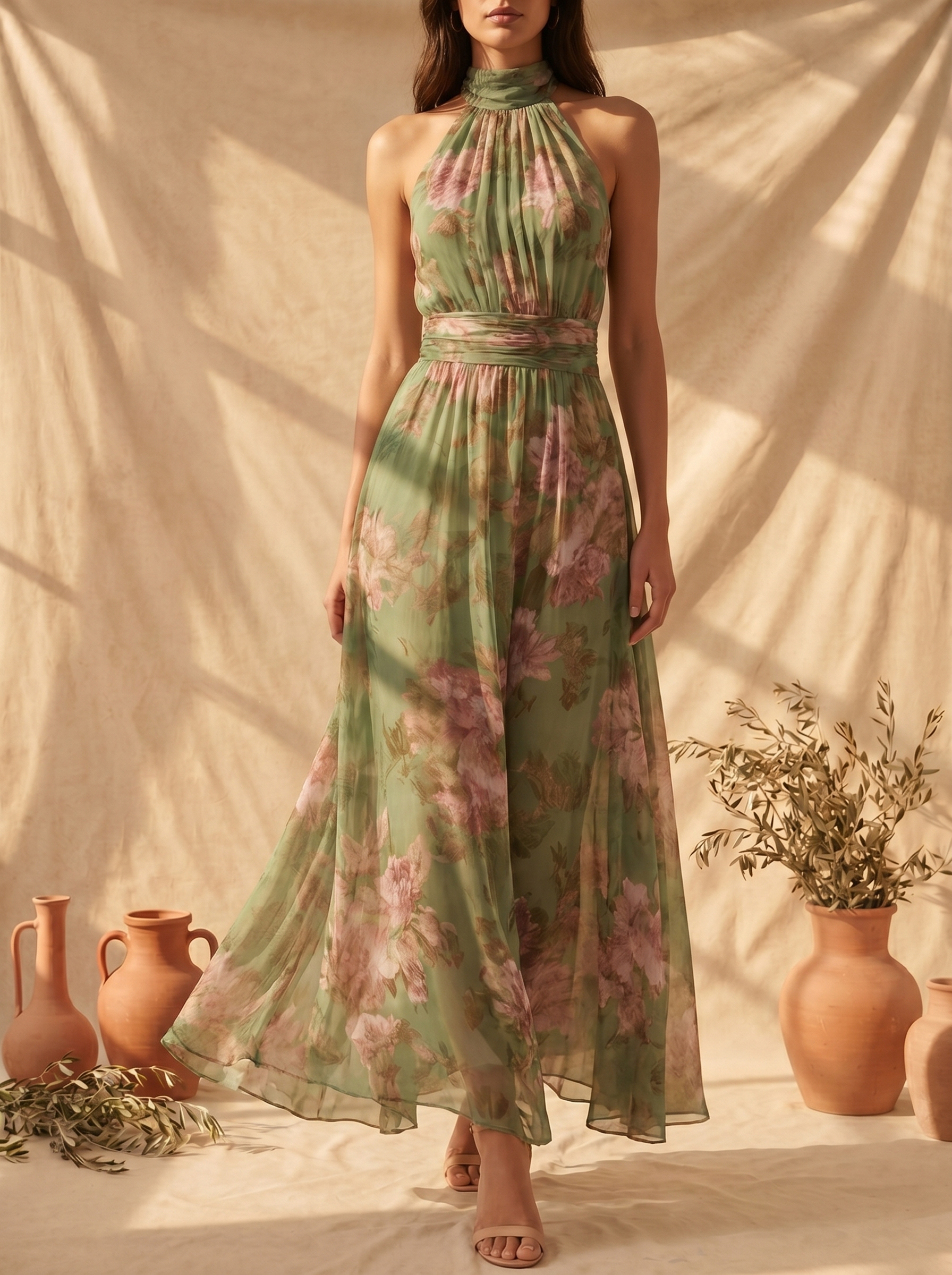Olivia | Vestido largo elegante con estampado floral y cuello halter