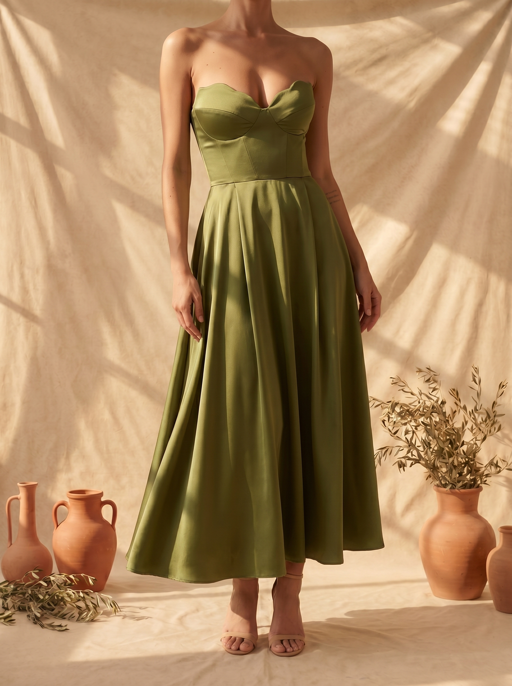 Adriana | Elegante vestido midi sin tirantes