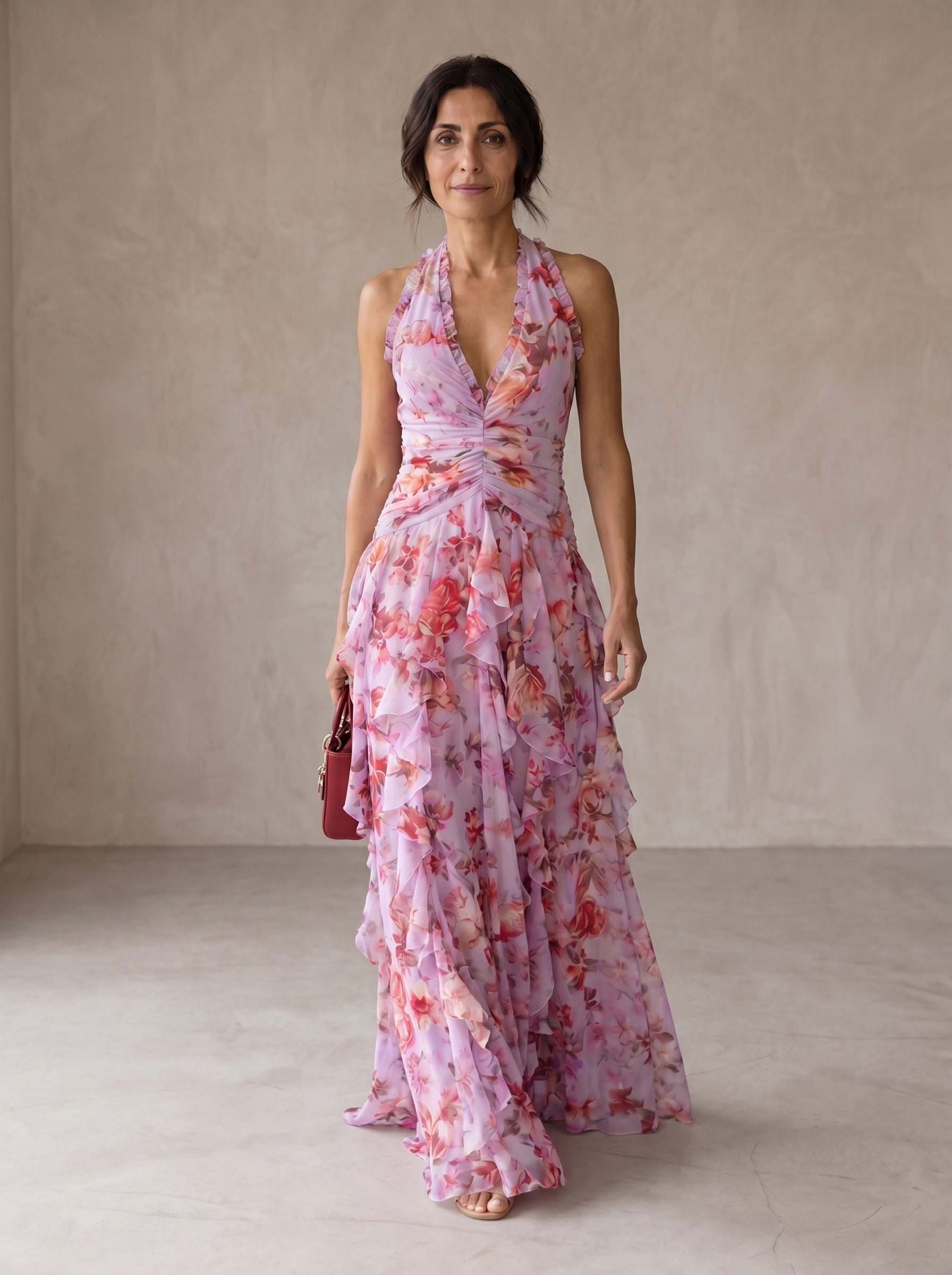Carla | Vestido largo romántico con cuello halter y rosas en cascada