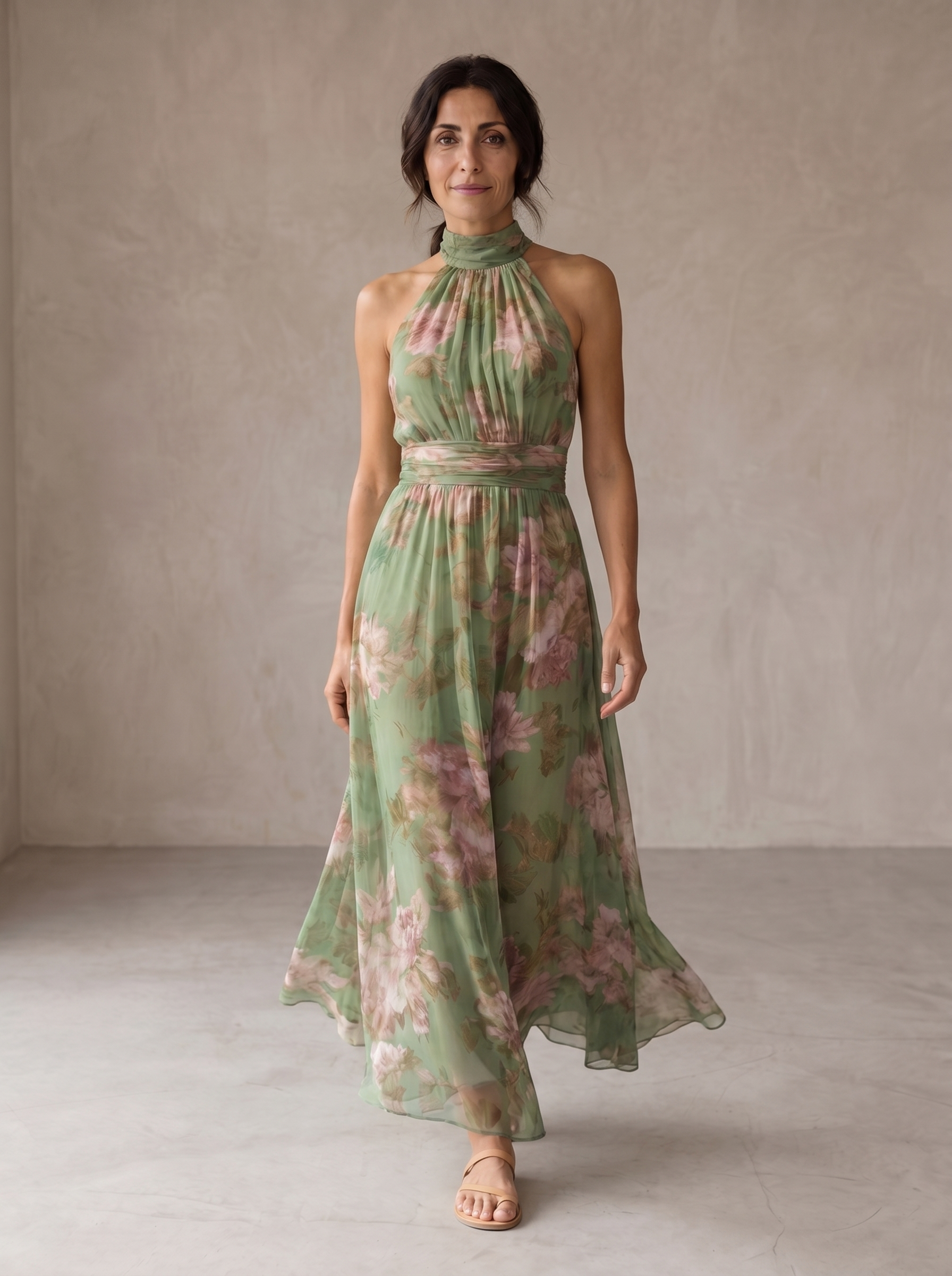 Olivia | Vestido largo elegante con estampado floral y cuello halter