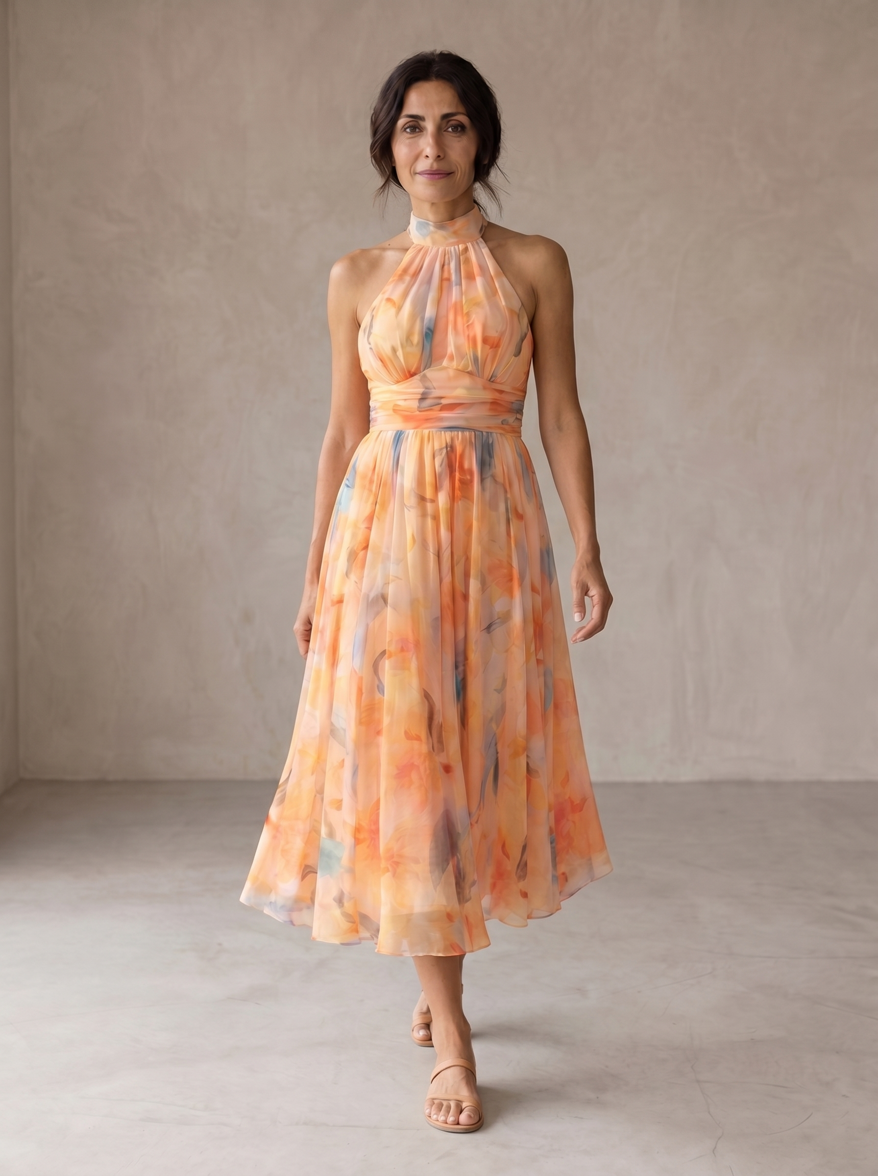 Aurora | Vestido con estampado de acuarela y cuello halter
