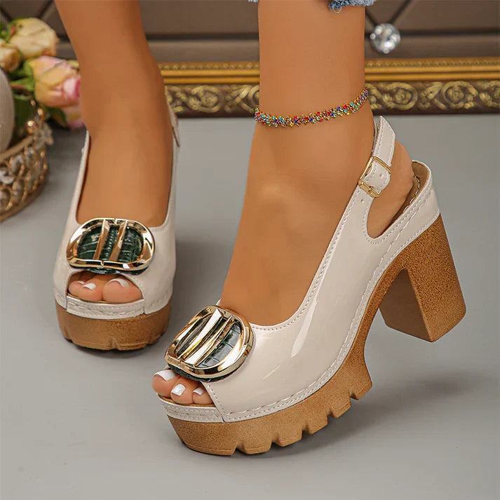 Eva | Sandalias peeptoe de tacón ancho con hebilla metálica