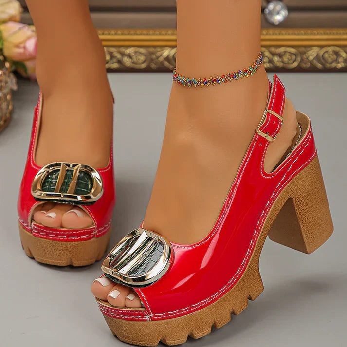 Eva | Sandalias peeptoe de tacón ancho con hebilla metálica