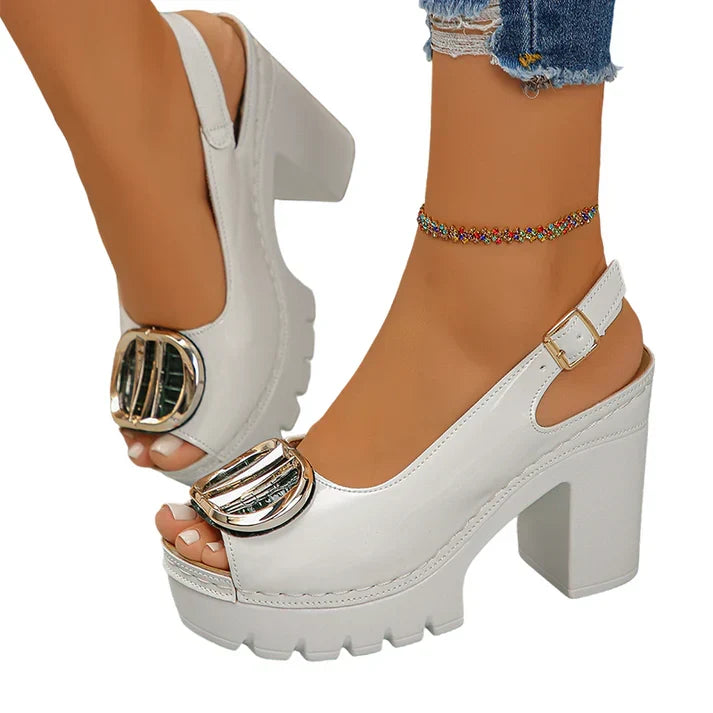 Eva | Sandalias peeptoe de tacón ancho con hebilla metálica
