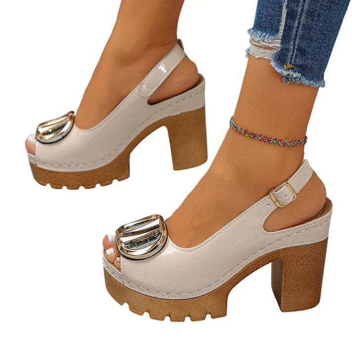 Eva | Sandalias peeptoe de tacón ancho con hebilla metálica
