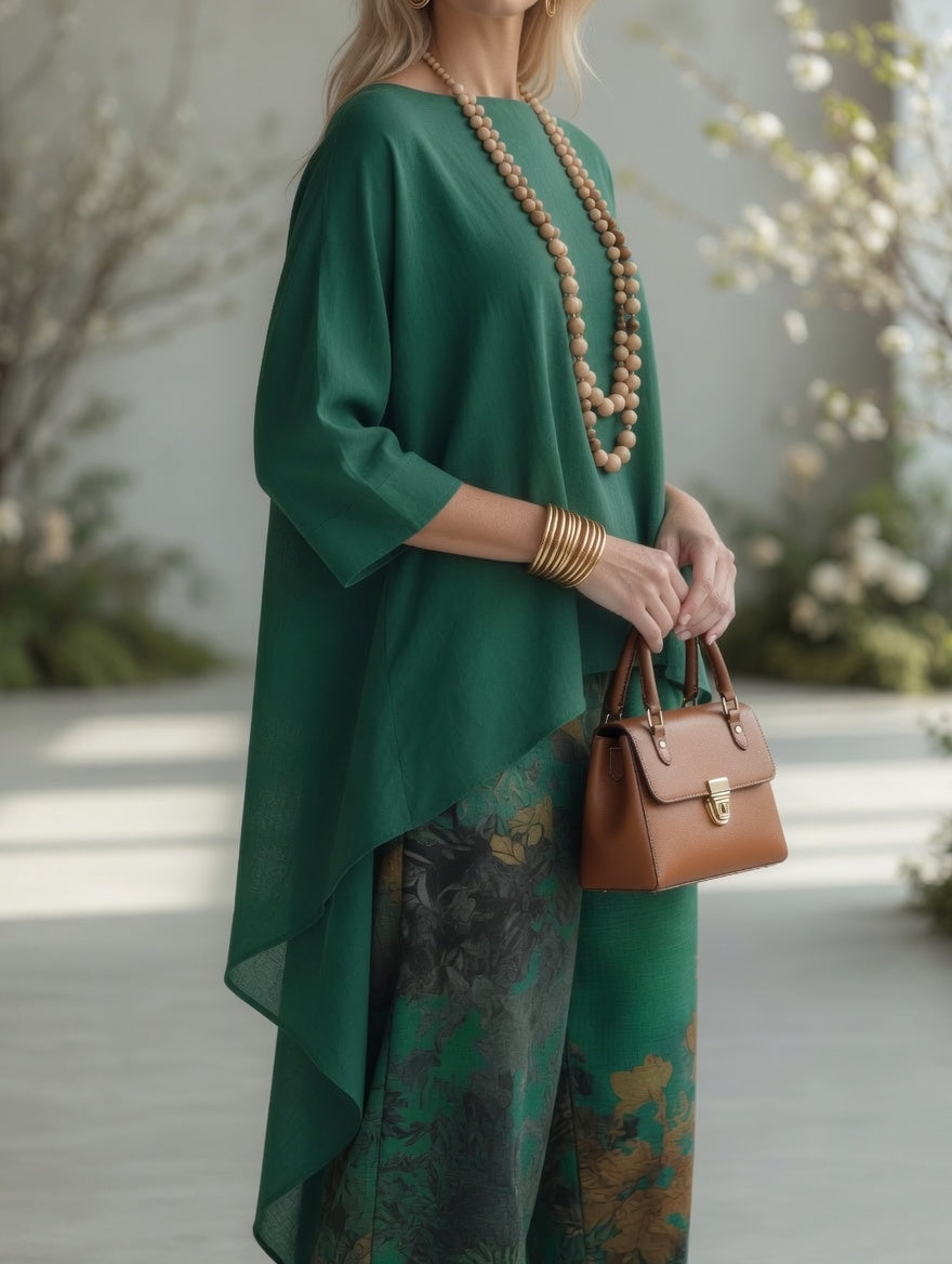 SANTINA | Completo Tunica Asimmetrica e Pantalone con Stampa Botanica